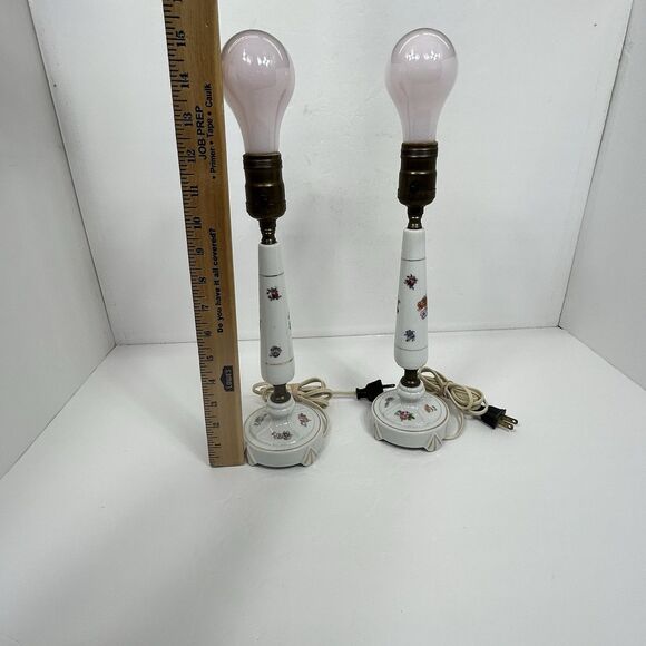 Porcelain Floral Lamps Table Cottagecore Boudoir 12" White Gold Trim Pair 50s? - Picture 14 of 16